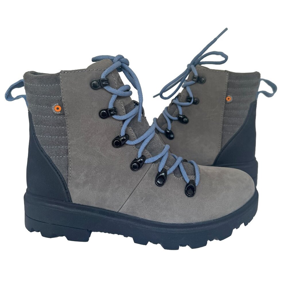 Bogs Holly Lace-up Waterproof Grey Leather Boots Hiking Women's Size 7 NWOT